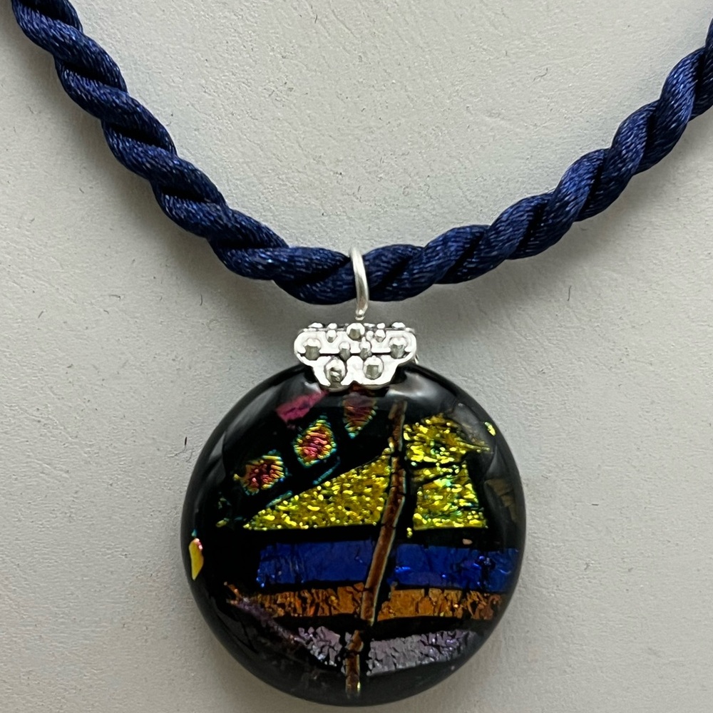 Gold and Blue Dichroic Glass Pendant Necklace